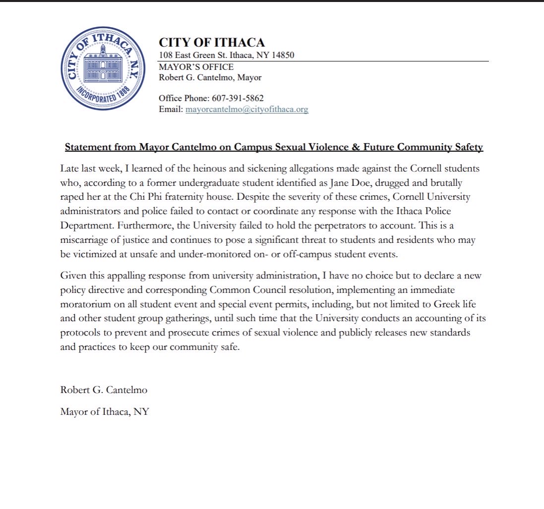 HannahShvets05's tweet photo. Ithaca’s Council will be voting on a moratorium on event permits for all student events, on and off-campus, until Cornell reviews its sexual violence procedures and publishes new ones that actually protect students. We stand with Jane Doe and call on Cornell to do better. https://t.co/KCti1gnUML
