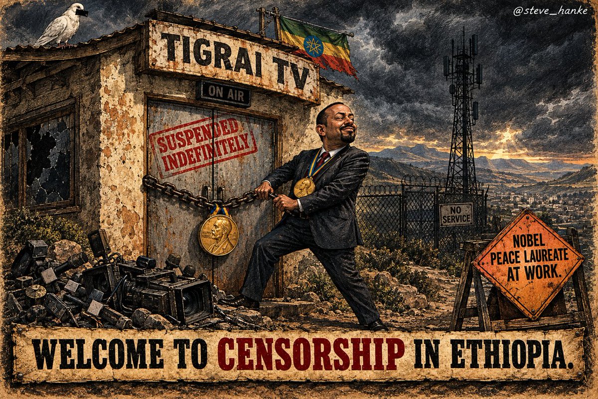 steve_hanke's tweet photo. #EthiopiaWatch🇪🇹: Last week, PM Abiy's government suspended Tigrai TV "indefinitely." This week, phone and internet service across Tigray have gone dark.

This is the handiwork of a Nobel Peace laureate.

WELCOME TO CENSORSHIP IN ETHIOPIA. https://t.co/0jBDWqp25I