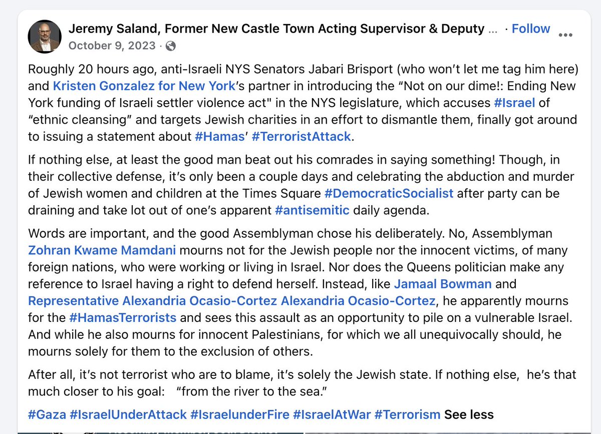 shabanamir1's tweet photo. Jeremy Saland, lawyer for the Cornell rapist Scott Kretzachmar, is the son of Republican New York State Senator Stephen Saland.

During the Gaza Genocide in 2023, he posted this, shrugging off Israeli ethnic cleansing and attacking any efforts to dismantle Jewish charities that fund settler violence. 
We really have a societal radicalization problem.