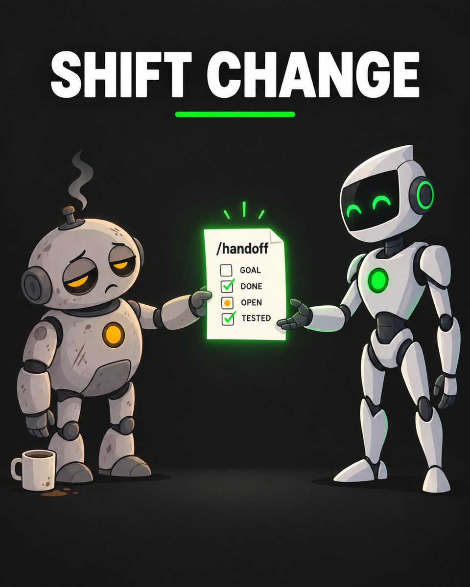 JohnDiFini's tweet photo. My favorite new AI habit happens right before I close a chat.

Long sessions get messy, but starting fresh loses the thread. So I run /handoff, a command I built that writes a note for whoever picks up next: the goal, what's done, what's still open, and what it actually tested (not what it meant to test).

Then I open a new chat, even in a different tool (Claude Code or Codex), and say "read this and pick up where we left off."

It's a shift-change note for agents.

What do you do when an AI conversation gets too long?