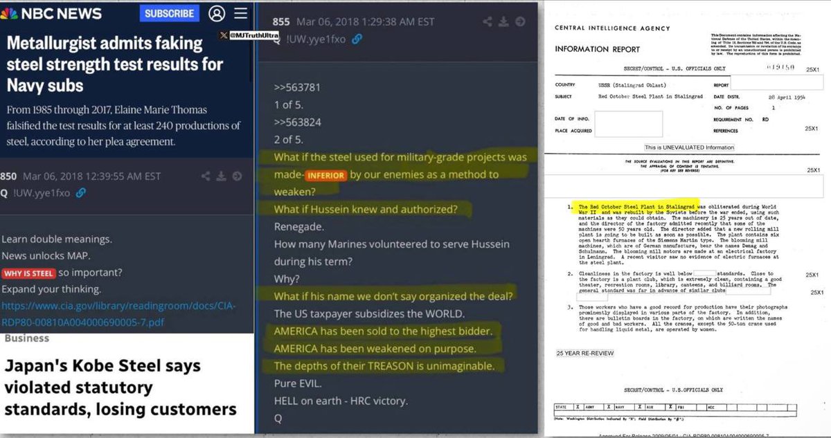 MJTruthUltra's tweet photo. In light of President Trumps efforts to secure American STEEL today, you should understand how we got here…

In 2018, Q asked, why STEEL was so important? Then proceeded to provide a link to the CIA library, where anons discovered the Red October STEEL plant in Stalingrad. This was highlighted to understand the vital importance of STEEL during conflict. 

Ask yourself…. Does it make sense at all for America to rely on foreign nations, such as China, for STEEL? What if there is a conflict? 

In March 2018, the Trump administration imposed a 25% tariff on foreign steel imports under Section 232 of the Trade Expansion Act of 1962.

President Trump proclaimed that foreign producers—particularly China—were unfairly flooding the global market and hurting national security.

Around that time, 2017–2018, two major scandals made global headlines involving falsified data and compromised metals intended for military use.

🔻 1. The U.S. Navy Submarine Steel Fraud — A leading foundry supplier spent over 30 YEARS falsifying strength and toughness test results for steel castings used in U.S. Navy submarine hulls. Red October Double meaning…

This went unnoticed for decades, affecting at least 240 productions of steel—roughly HALF of the casting steel the foundry supplied for nuclear-powered submarines.

Read that again…

🔻 2. The Kobe Steel Cheating Scandal — Japan’s third-largest steelmaker, Kobe Steel, admitted to a massive data-tampering scheme. In March 2018, the CEO was forced to resign while under criminal investigations. The company systematically falsified strength, durability, and specification data for iron, steel, copper, and aluminum shipped to over 600 global clients, directly into global defense infrastructure, including parts used in military aircraft, aerospace projects, and submarines.

The metals posed a catastrophic safety threat to military platforms across defense agencies. 

Do you understand now?

They had unimaginable travesties planned for us. That is…. Until President Trump came along.