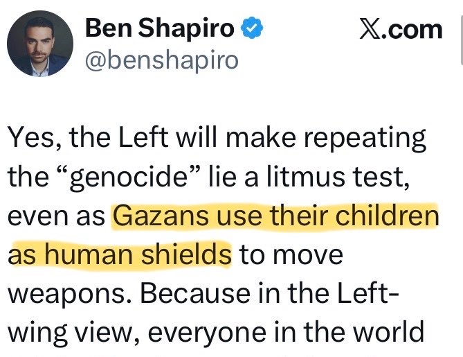 MixtUpMixy's tweet photo. So it’s “Gazans” now, huh Ben?

Civilians in Gaza are using their own children as human shields?

Not Hamas. Everyone.

As in, just existing with their children in their plastic refugee tents. You’re saying that’s a war crime now?

Ben, your agenda is showing. https://t.co/YUd3xd1Xu7