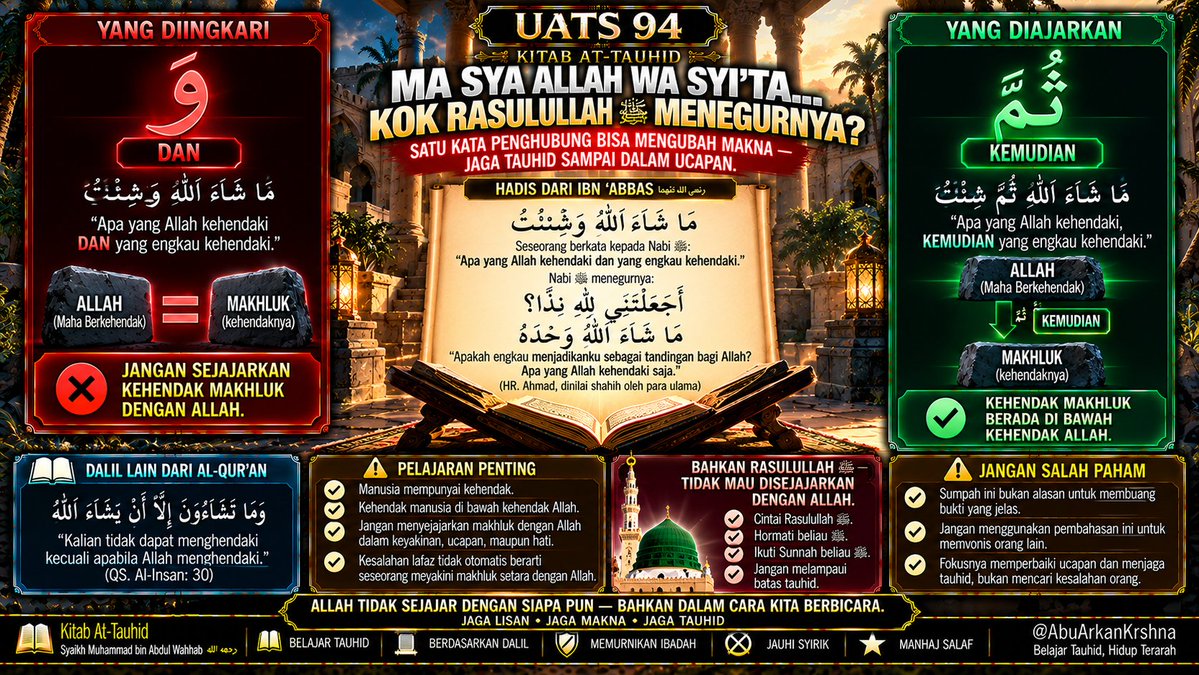 krshnasulanjana's tweet photo. 📖 UATS 94
❌ Allah DAN makhluk
✅ Allah, KEMUDIAN makhluk
Bahkan Rasulullah ﷺ tidak mau disejajarkan dengan Allah.
Manusia punya kehendak, tetapi di bawah kehendak Allah.
#AbuArkanKrshna #KitabTauhid #BelajarTauhid https://t.co/PEDjnyzUMX