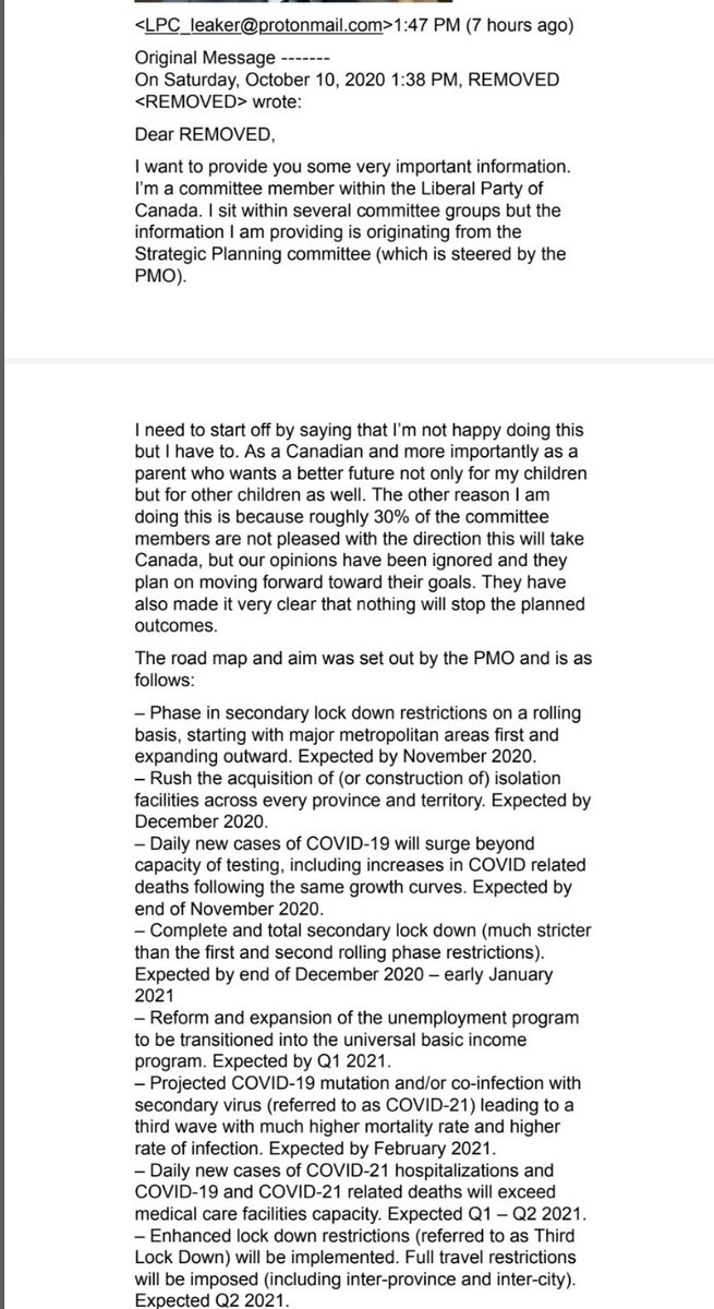 Canaba08's tweet photo. @paisios290252 @BertaProudDad Email released in Oct 2020. 
1st 1/2 is about covid
Then bankrupting Canada. I've held on to this, these plans take time.
Bankrupting us is coming, telling folks for years.
No one believes it.
We can not win this trade war, giving billions away, breaking us in a kinds of ways. https://t.co/zSljVDjhkA