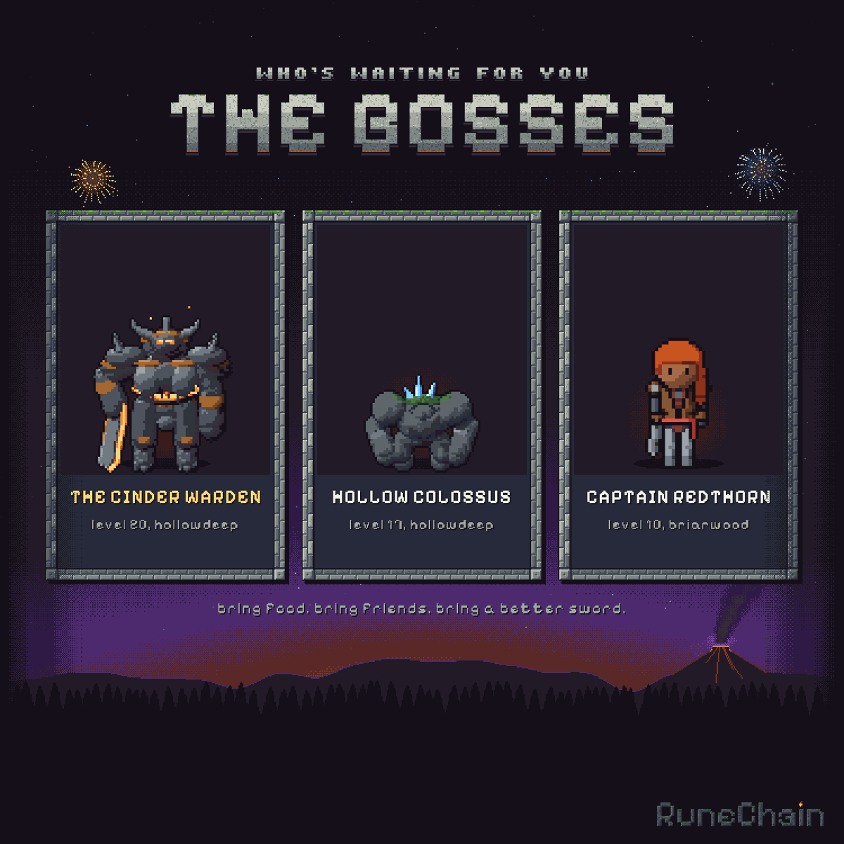 Rune_Chain's tweet photo. MEET THE BOSSES:

Captain Redthorn, the Hollow Colossus and the Cinder Warden. https://t.co/TK6ZHdJB0p