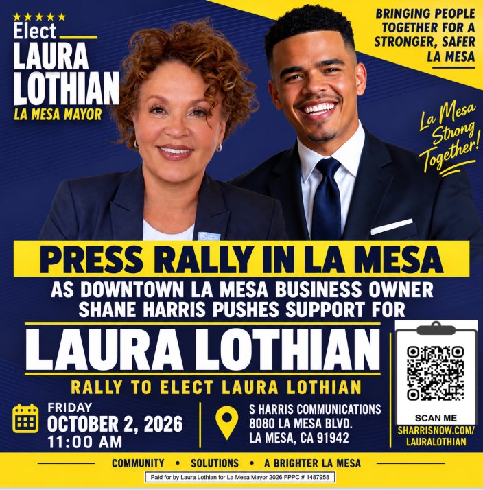 shaneharrisnow's tweet photo. The La Mesa business community couldn’t ask for a stronger champion than Councilwoman & Mayoral Candidate Laura Lothian.

As a La Mesa business owner & San Diego Public Advocate, I’m proud to throw my full support behind her.

Join us Friday as we rally ahead of ballots dropping!

📅 Friday, October 2 | 11 AM
📍 S Harris Communications
8080 La Mesa Blvd., La Mesa
RSVP https://t.co/b5P2rShaCe

Rally to Elect Laura Lothian! 💛💙