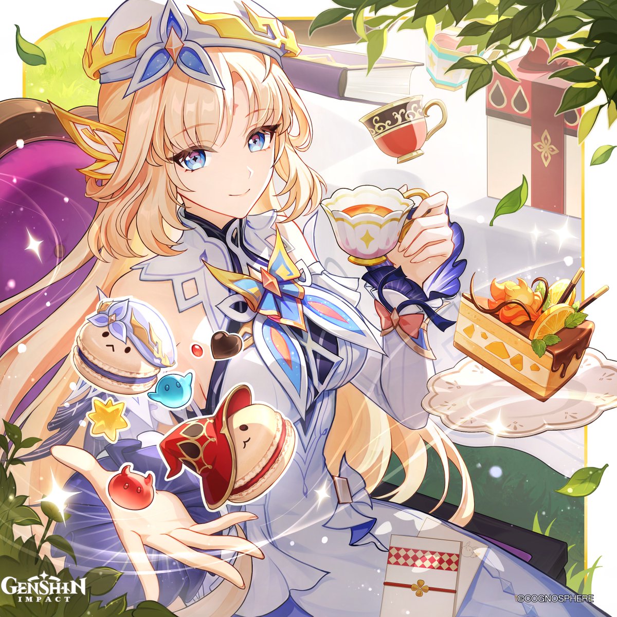 GenshinImpact's tweet photo. Happy Birthday, Nicole!
#GenshinImpact #Nicole 

"Oh, this dessert is excellent. Would you like some as well?
It seems a waste to let such good weather pass without doing anything.
Shall we play a game? Or would you rather hear a story? We can do both, if you prefer.
And for keeping me company over afternoon tea, everything on the table is yours~"