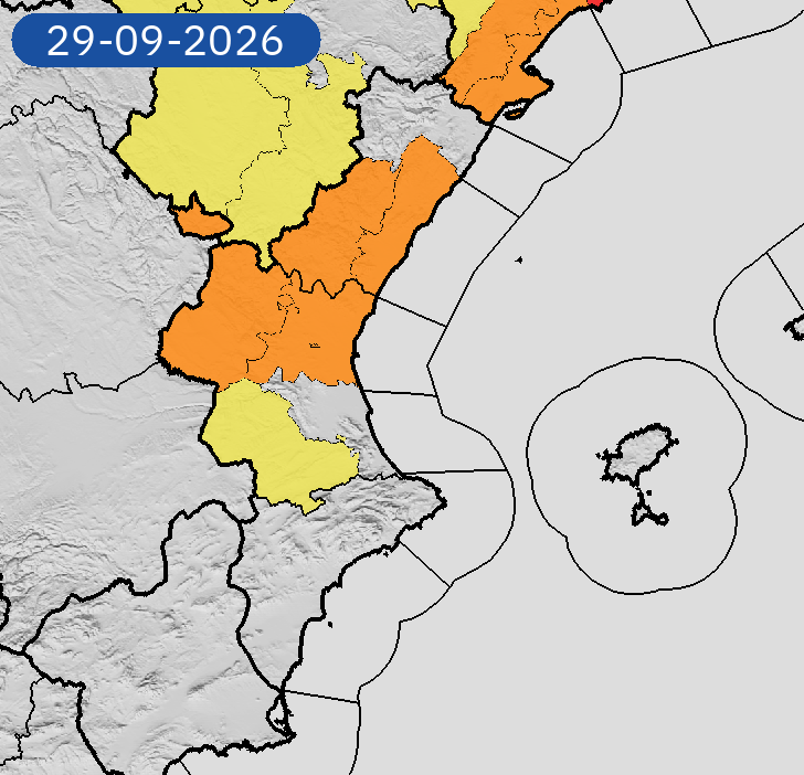 AEMET_CValencia's tweet photo. 29/09 04:48 AVISOS HOY | Comunitat Valenciana: lluvias y tormentas. Nivel máximo de aviso: naranja.
Actualizaciones en https://t.co/R3Fs2JzKgr https://t.co/7w9Kd0mqFz