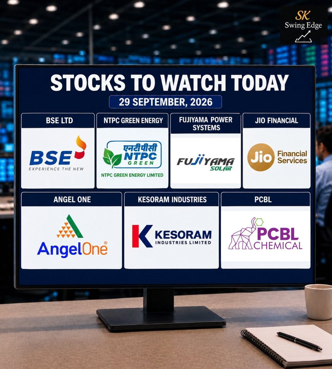 SKSwingEdge's tweet photo. Stocks to Watch Today | 29th September, 2026

• BSE Ltd
• NTPC Green Energy 
• Fujiyama Power Systems
• Jio Financial 
• Angel One
• Kesoram Industries 
• PCBL

Which stock are you most bullish and why?

#StockMarket #StocksToWatch #IndianMarkets https://t.co/KQvvkFjiDo