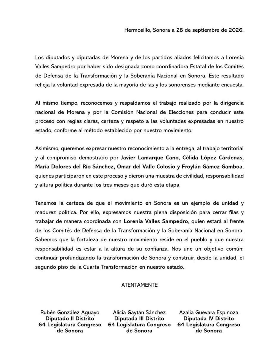 DavidFigueroaO's tweet photo. POSICIONAMIENTO | Las y los diputados integrantes de la 4T cerramos filas en unidad. Felicitamos a @LoreniaValles_  por su designación y reconocemos a quienes participaron en este proceso. Nos une Sonora y el compromiso de seguir profundizando su transformación. https://t.co/7G0YhuQITf
