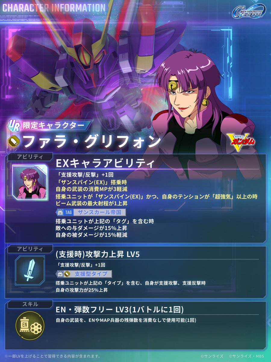 ggene_eternal's tweet photo. 新キャラクターの性能を紹介！

9/30登場の新限定キャラクター
UR「ファラ・グリフォン」の性能を紹介いたします。
※UR「ザンスパイン(EX)」を獲得すると同時に獲得できます。
#ジージェネエターナル https://t.co/mmBm53KxSi
