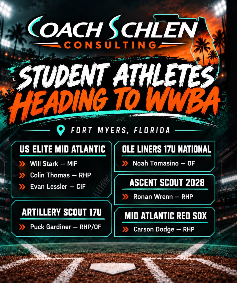 Mr_Schlen's tweet photo. Excited to be supporting a great group of student-athletes heading to Fort Myers for WWBA!

Colin Thomas — @ctbaseball9
Evan Lessler — @evan_lessler
Noah Tomasino — @noahtomasino
Ronan Wrenn — @ronandot12
Puck Gardiner — @diarmuid2009
Carson Dodge — @carsondodg
Will Stark — @will_stark27

College coaches — please feel free to reach out to me for more information on any of these student-athletes.