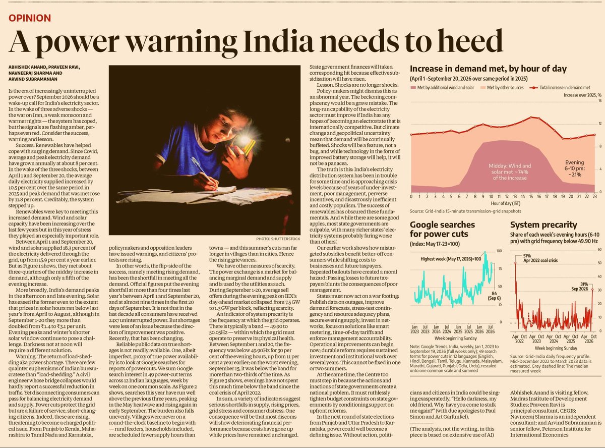 arvindsubraman's tweet photo. Our piece in @bsindia on the 

SUCCESS (day time solar) 

WARNING (the return of outages and heightened system precarity) and 

LESSONS  (fixing distribution)

from the electricity sector in the wake of three shocks this year https://t.co/uAWmaNqdSM