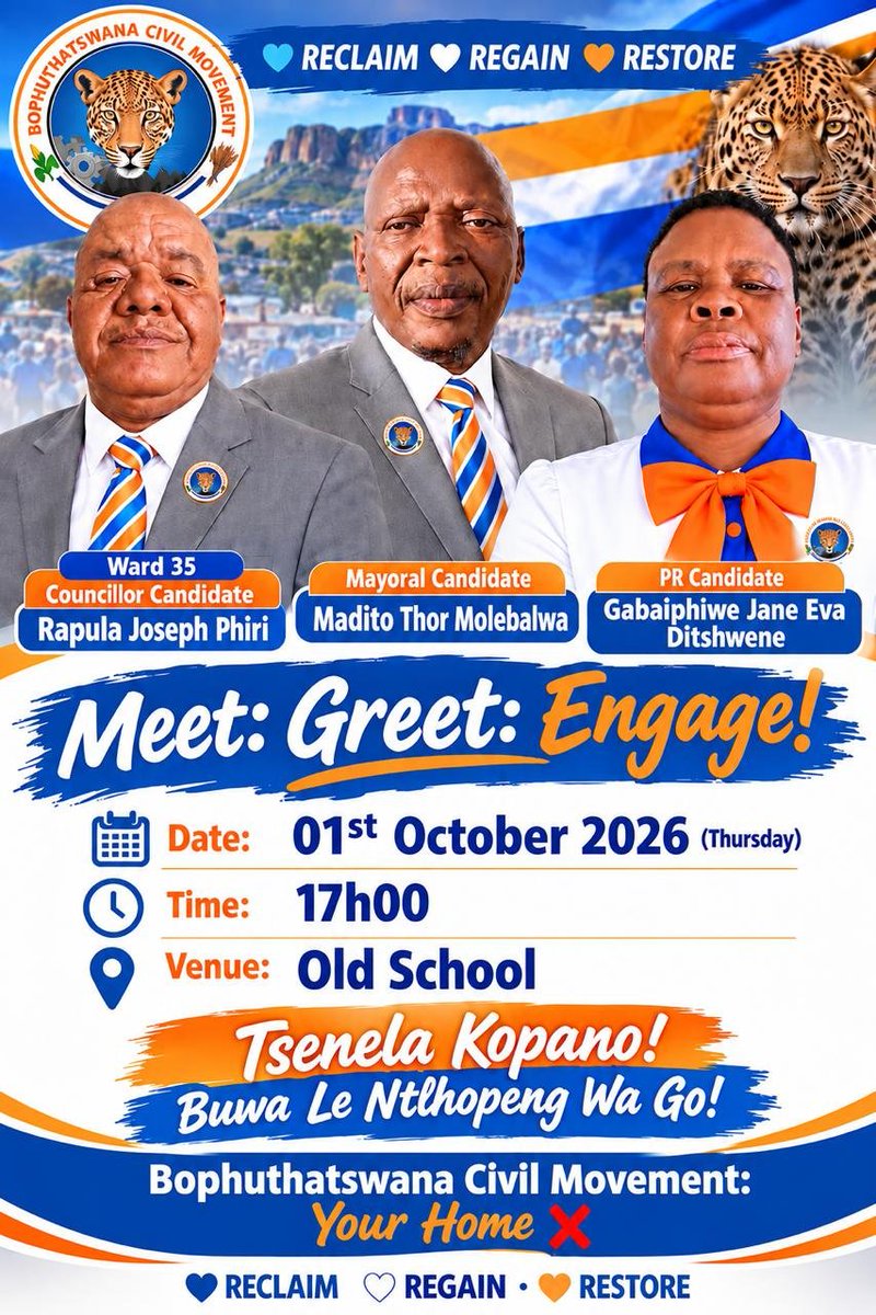 mBontle28871's tweet photo. On Thursday the 01st October 2026 the Mayoral Candidate Leader Molebalwa will engage with the community of Ditshwene.Moses Kotane Mayoral 8 Vision Plan & BCM 8 Cornerstones will be shared with the said community.
#ward35 #unit8 #moseskotane #bcm #phunyeletsa #mothomothong https://t.co/N5DZS3KSEI