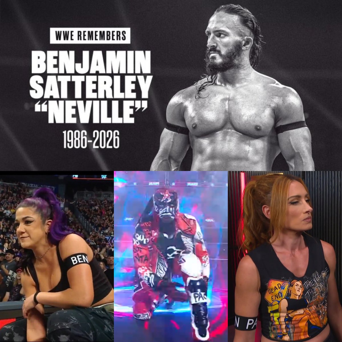 AIRGold_'s tweet photo. Tributes on #WWERaw tonight:

- WWE opened with a tribute graphic
- Penta had PAC's name on his boot
- Bayley and Becky Lynch wore an armband with Ben's name

❤️🙏 https://t.co/wSZB3PxYDY