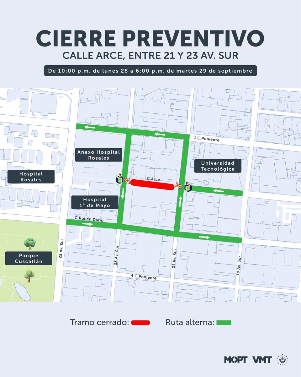 VMTElSalvador's tweet photo. Por trabajos de instalación de pilona del proyecto del Aerocable, se restringirá el tránsito vehicular en la calle Arce, entre la 21 av. Sur y 23 av. Sur, San Salvador.

El cierre iniciará a las 10:00 p.m. del lunes 28 y finalizará a las 6:00 p.m. del martes 29 de septiembre.

Nuestro personal se desplegará en la zona para orientar a los automovilistas.
