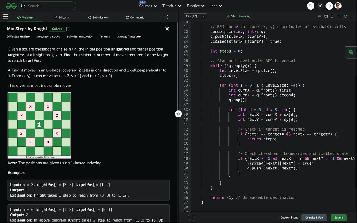 PankajB42550's tweet photo. 🚀 #Day 245/100 – Min Steps by Knight (@geeksforgeeks)
💡Key: BFS on implicit grid graph. Level-order expansion → first time target is reached = minimum steps. Visited array prevents cycles.
⌛O(n²) | O(n²)
#100DaysOfCode #DSA #Graph #BFS #Grid #ShortestPath #DAY245 https://t.co/dlUyLPsbvx