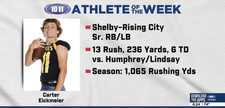 srchuskies's tweet photo. Carter Eickmeier has been named the 10/11 Athlete of the Week! Awesome recognition for an awesome performance from last Friday night's game. Great team effort! Congratulations, Carter! 

https://t.co/OE2RtjCM4i https://t.co/N5HCKAMIYP