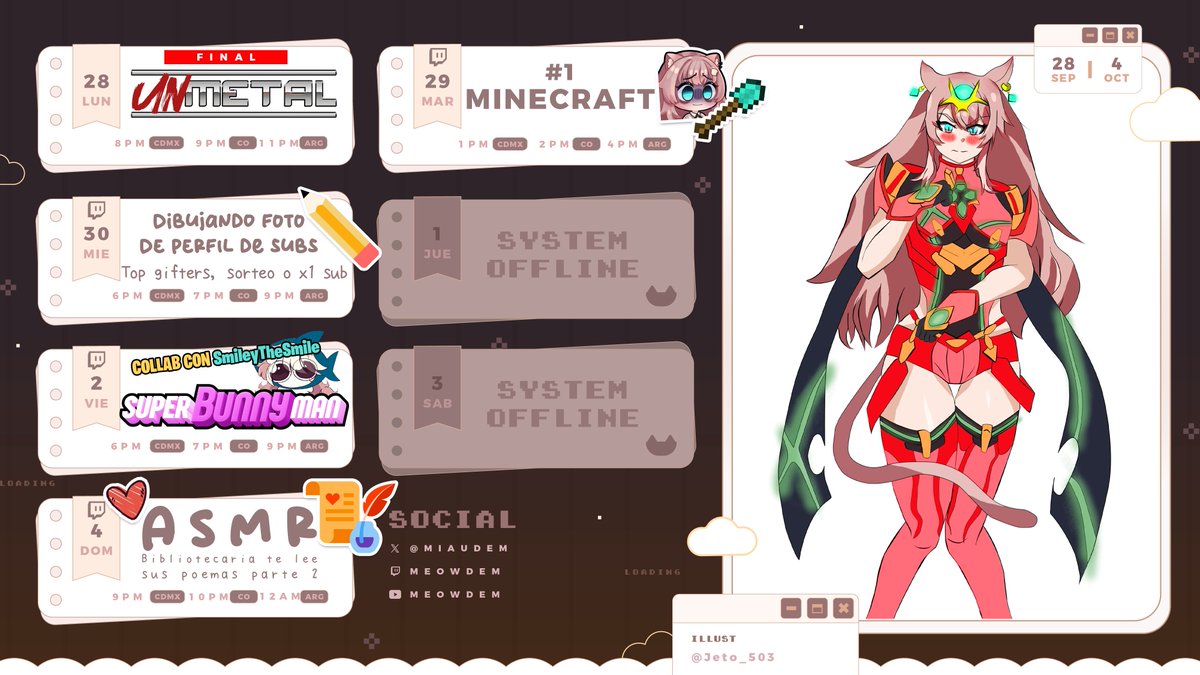 miaudem's tweet photo. 🗓️Abrbr! Horario semanal 28/Sep- 4/Sep!

Este miércoles termina el Subtember, así que haré dibujitos de sus pfp de Twitch como agradecimiento por su apoyo ᓚ₍ ^. ̫ .^₎ 🩵info abajo ⬇️

🍤General: #meowdem
🍤Fanart: #ArtDem https://t.co/kBUWQ5E9sd
