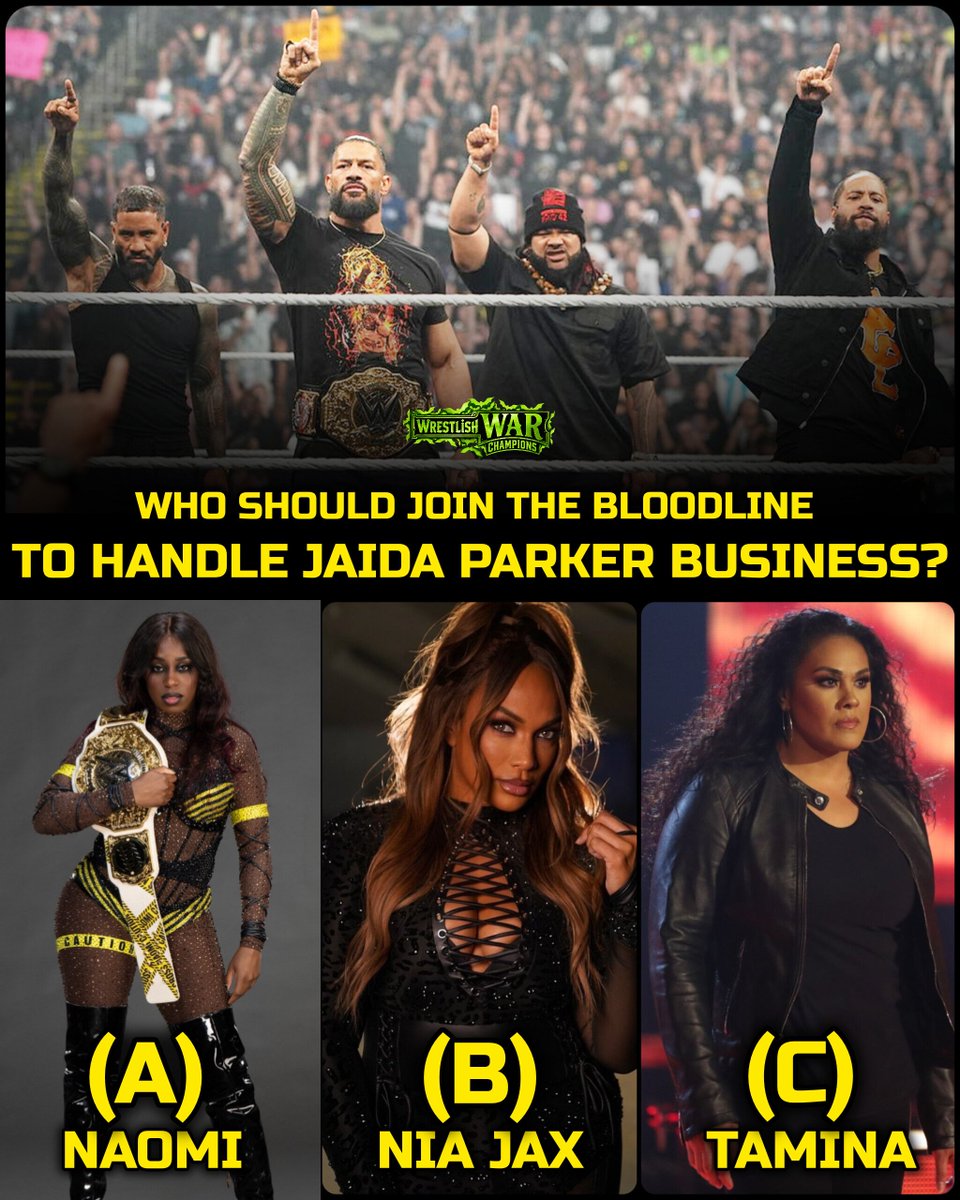 Wrestlish_WAR's tweet photo. Since Jaida Parker has joined 946, who should join The Bloodline to handle her business...

A. Naomi
B. Nia Jax 
C. Tamina 

#WWERAW https://t.co/DkCiXjaBjH