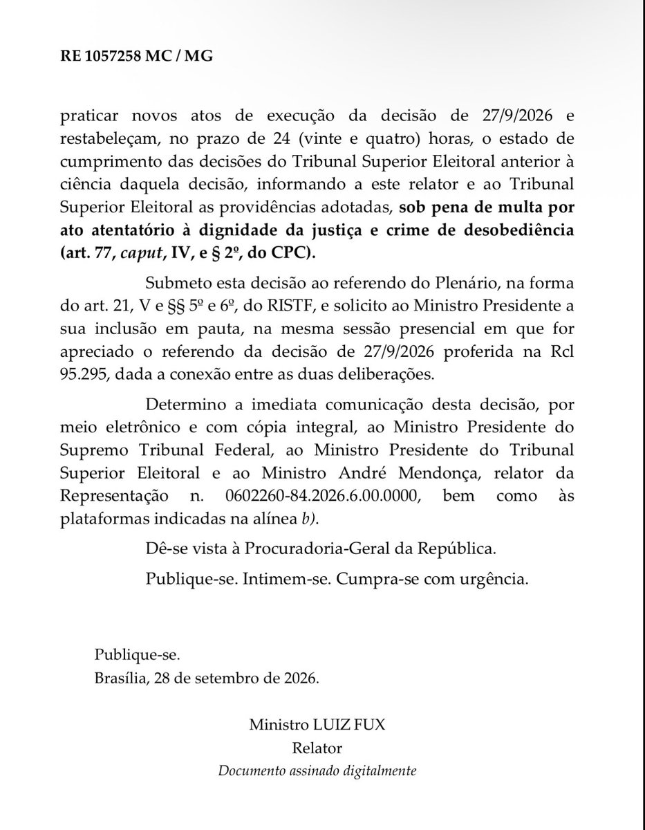 SamPancher's tweet photo. BREAKING: Luiz Fux suspende decisão de Flávio Dino que liberou postagens relacionadas a Nossa Senhora Aparecida.

Decisão restabelece a eficácia das decisões de 25/9/2026 do Tribunal Superior
Eleitoral até o julgamento no Plenário do STF. https://t.co/cvoUX095kt