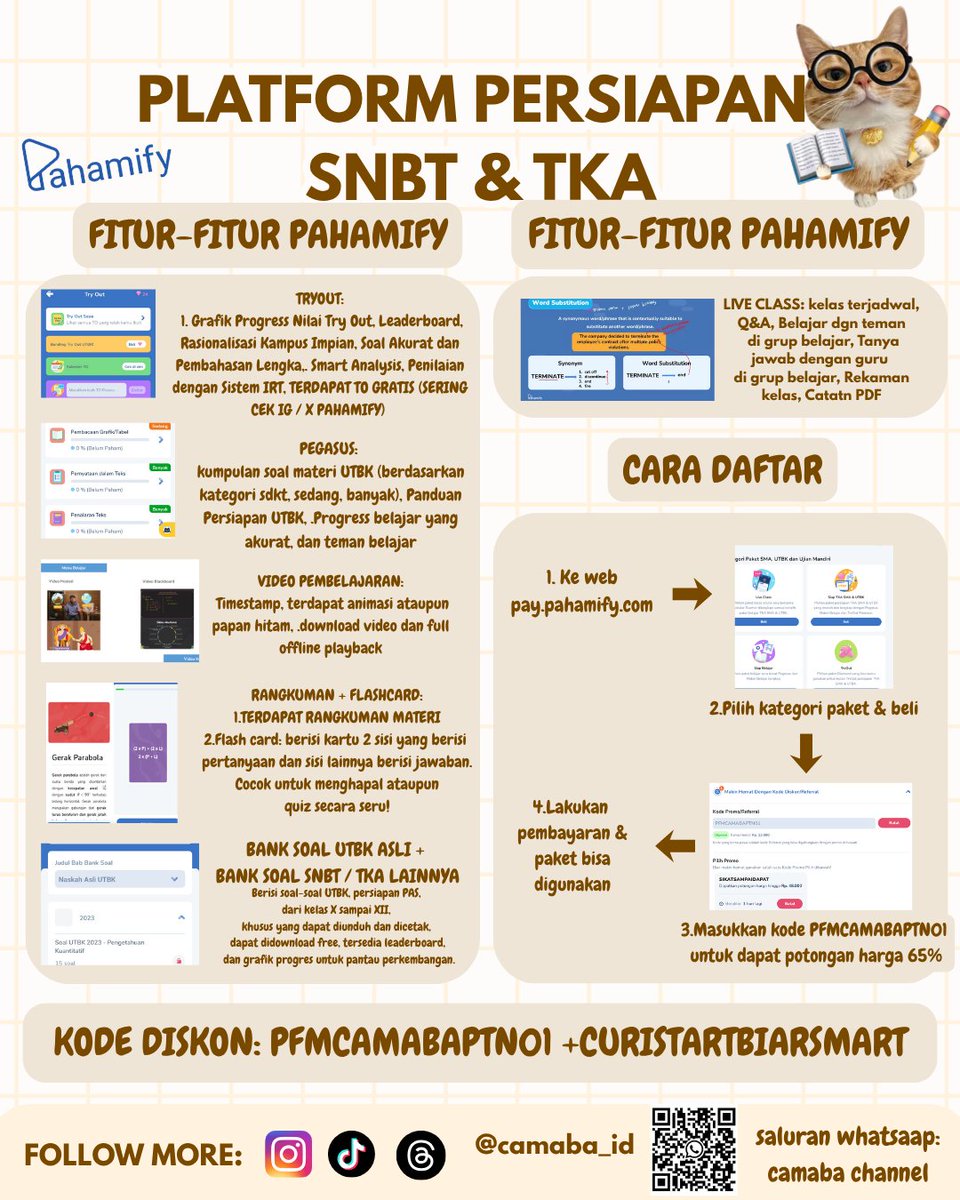 Dynastudy's tweet photo. 🌟 POTONGAN HARGA 65% PAHAMIFY⁉️

Diskon pahamify 65% kl pake kode  PFMCAMABAPTN01 + kode  dr pahamify. Paket TO 20x dr 460 rb jd 186 rb 😱⁉️

Tutorial:
1. Web https://t.co/5G1VXGjpWA
2. Pilih paket
4. Masukan PFMCAMABAPTN01 &amp; kode spesial 
5. Bayar &amp; selesai
#studytwt #tka #snbt https://t.co/vWTIYFekML