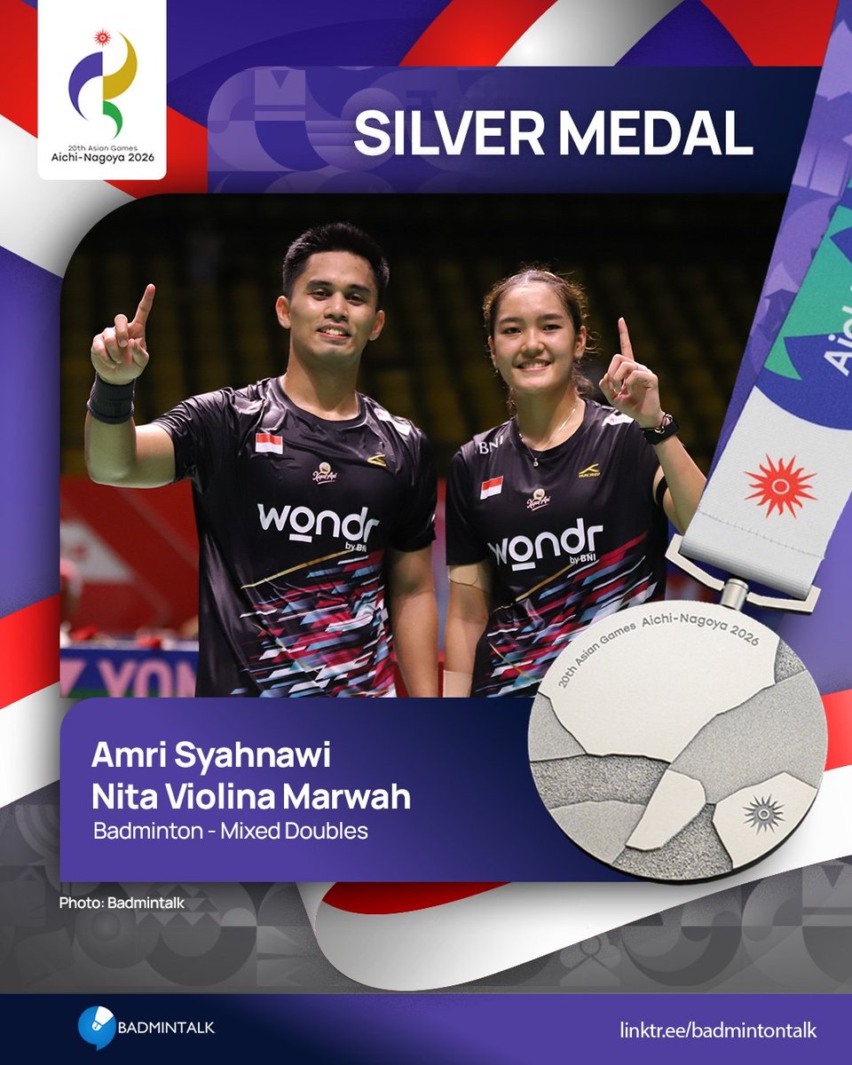BadmintonTalk's tweet photo. TWENTY-EIGHTH medal for Indonesia at #AsianGames2026

Badminton - Mixed Doubles

🥇Jiang Zhen Bang/Wei Ya Xin (CHN)
🥈Amri Syahnawi/Nita Violina Marwah (INA)
🥉Feng Yan Zhe/Huang Dong Ping (CHN)
🥉Ye Hong Wei/Nicole Gonzales Chan (TPE)

#AichiNagoya2026 https://t.co/bE2bvazfa5