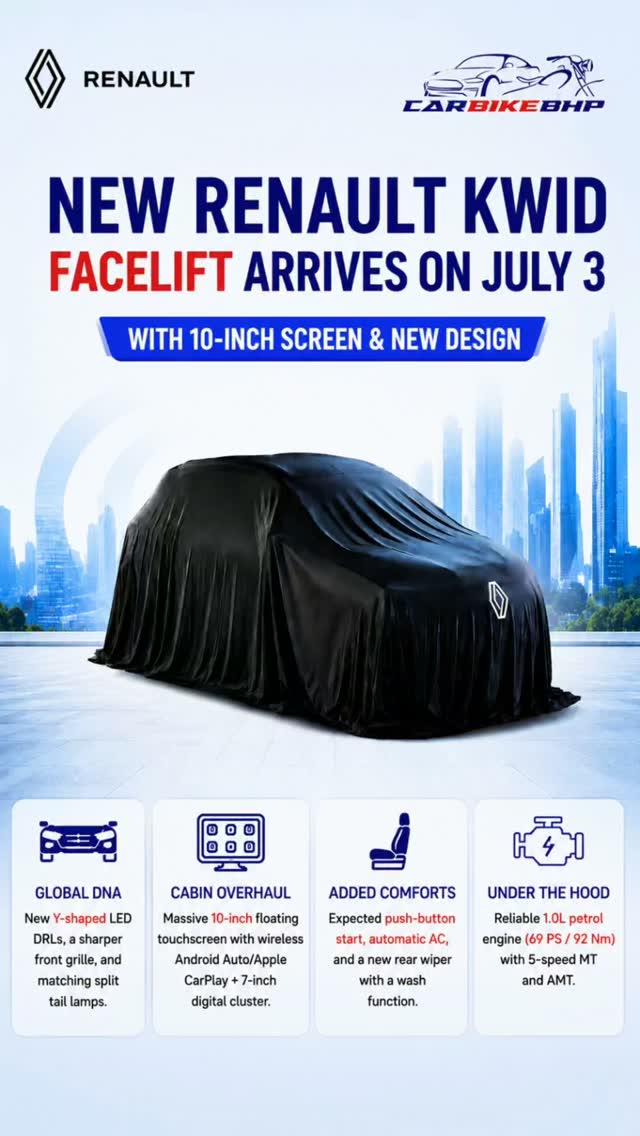 garycook67007's tweet photo. New Renault Kwid facelift arrives July 3 with a futuristic mini-SUV design, Y-shaped LED lights, a 10-inch touchscreen, digital cluster, and expected auto AC with push-button start. https://t.co/4eGEs6u1Iv