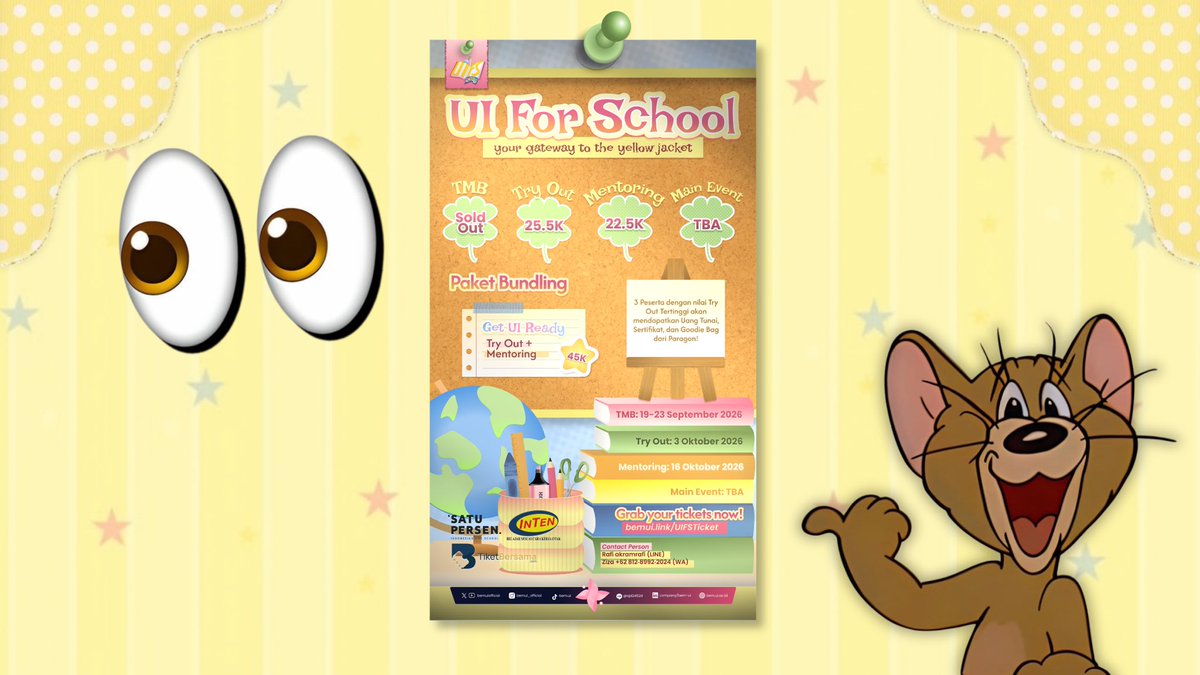 UIForSchool's tweet photo. GOKSS BANGETT kata mereka kalian harus perbanyak latihan soal EH TAPIII harus tau juga jurusan yang kalian minati itu apa‼️😼 NAHHH buat UIFriends yang mau perbanyak latsok UTBK, YUK IKUTAN TRY OUTNYA UIFS TANGGAL 3 OKTOBER!! (udh partneran sama inten lohyaaa🤭) https://t.co/pqCbreDMTQ