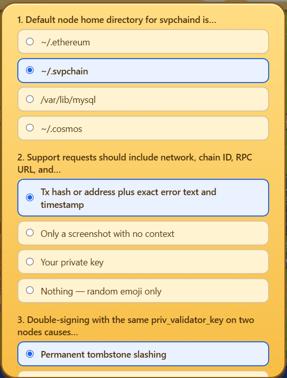 hanbang618's tweet photo. Hi guys,
Today Daily Quiz: Answer 3 quick questions about SVP Chain. All correct to claim 30pt🎁
Today the questions about:
> Node home directory
> Support requests
> Double-signing
#svpchaintestnet #svprewards #SVPChain https://t.co/iXOJSNGwXe