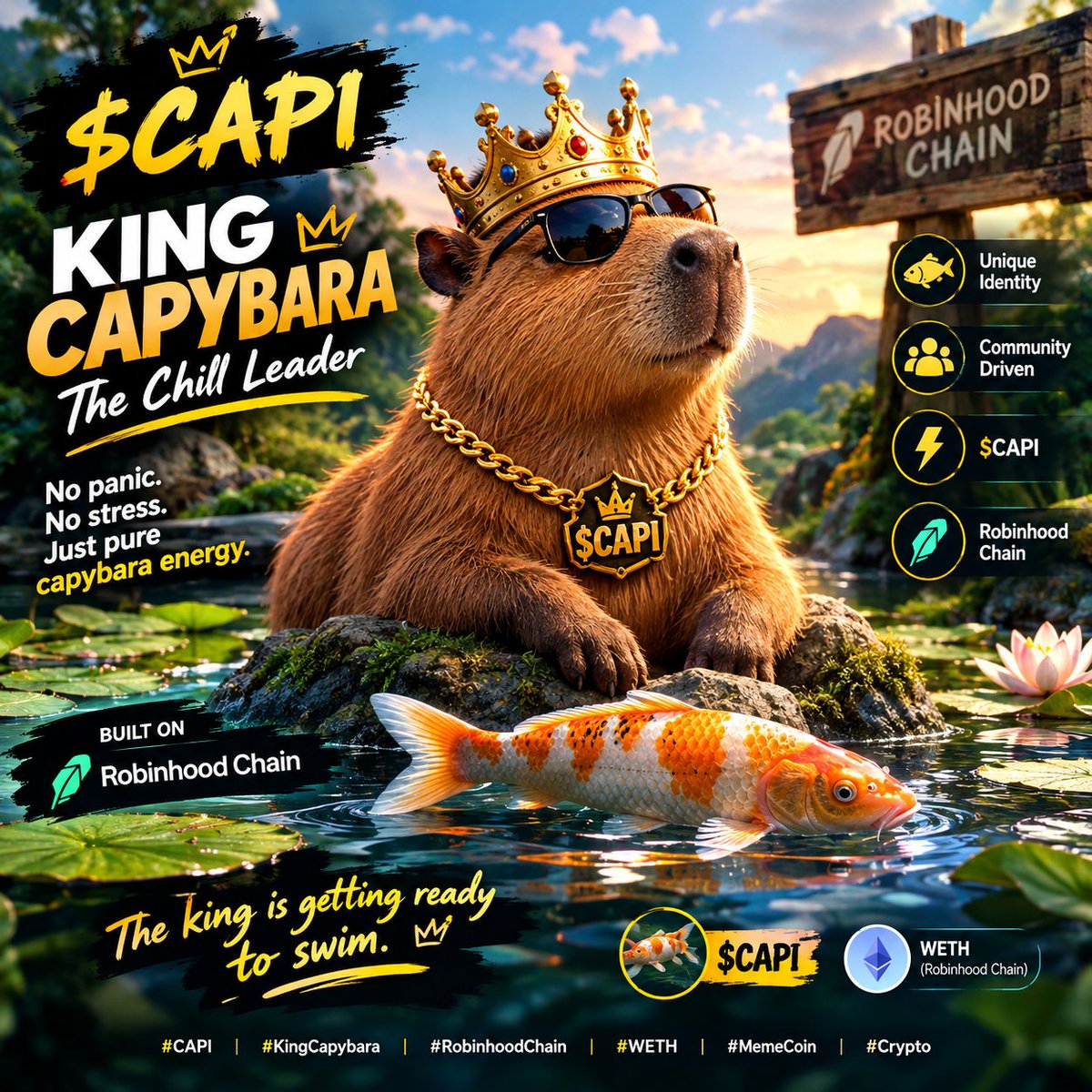 ronihosen754's tweet photo. 🦫👑 Meet King Capybara ($CAPI) — The Chill Leader.
No panic. No stress. Just pure capybara energy. 🌊
Built for the meme community on Robinhood Chain.
🐟 Unique identity
👑 Community-driven
⚡ $CAPI
🌐 Robinhood Chain
#CAPI #KingCapybara #RobinhoodChain #WETH #MemeCoin #Crypto https://t.co/GTFjSslz6r