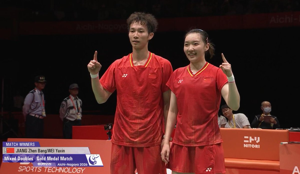 BadmintonR45199's tweet photo. Congratulations to 🇨🇳Jiang Zhen Bang/Wei Ya Xin on winning the #AsianGames2026 XD gold!🥇
Already as a top pair in 2023, after 1 silver &amp; 2 bronze at 3 World Championships, they finally claim their first major title, and extend China’s reign to 4 straight AG XD titles!👏 https://t.co/bRyA3GHNne