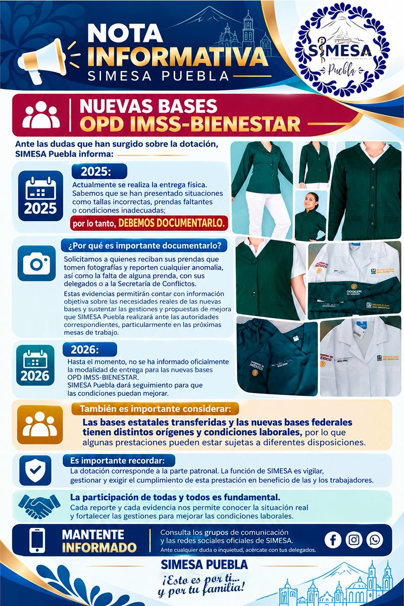 SSimesa17496's tweet photo. 📢 Nuevas bases OPD IMSS-BIENESTAR

Si durante la entrega 2025 detectas tallas incorrectas, prendas faltantes o condiciones inadecuadas, 📸 documéntalo y repórtalo.

Cada evidencia ayuda a respaldar las gestiones correspondientes.

💙 #SIMESAPuebla #IMSSBienestar https://t.co/evsq8HNIq5