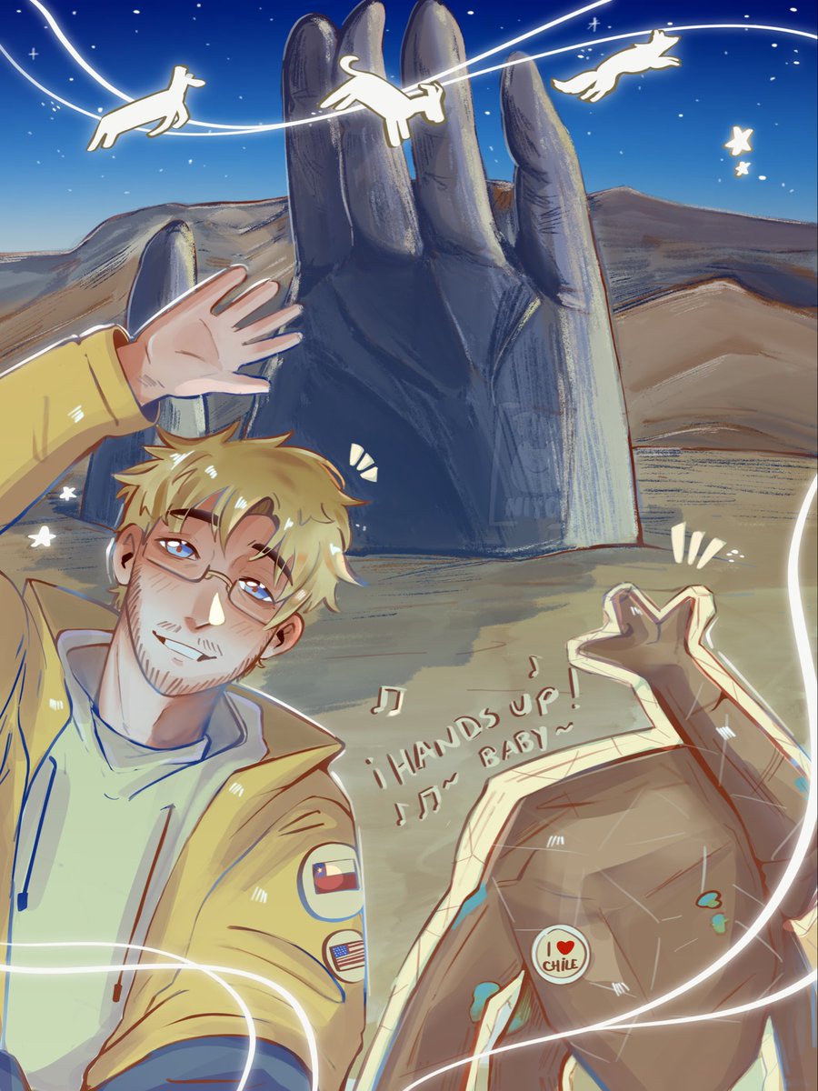 tinyniyo's tweet photo. ArtEvent content✨, Grace and rocky are visiting the Hand of the desert at Antofagasta, Chile 🇨🇱 which, in fact, boasts one of the most beautiful astronomical routes in existence🌌 That hand is welcoming this two adventures and stars saviors⭐️

#phm #phmfanart https://t.co/O0VlTgwprN