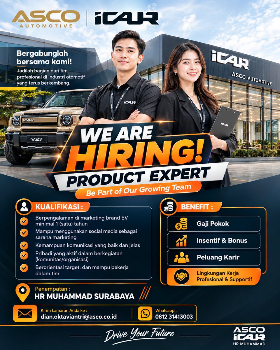 lokersbyterbaru's tweet photo. Asco iCAR Surabaya (PT. Asco Performa Prima) membuka lowongan Product Expert
📍 Penempatan : Jl. Mayjen HR. Muhammad 114, Surabaya

✅ Pria/Wanita - Usia bebas
✅ Minimal SMA/SMK sederajat

Kirim CV ke :
WA = 0812 3141 3003
Email = dian.oktaviantri@asco.co.id https://t.co/8NY9zHwGhY