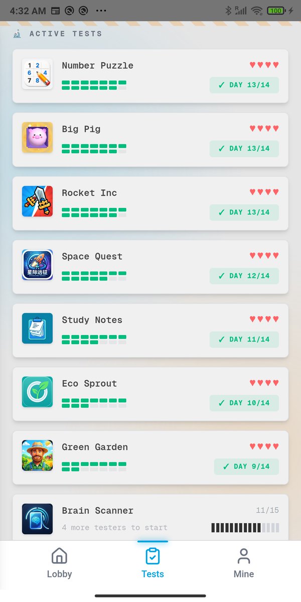 Zeroffffff's tweet photo. @Joshua_WD Thanks Josh! Basically this screen 👇

• Check-in launches the app you're testing and only counts once you've opened it
• 14-day grid + 4 ❤️ as "lives" (10/14 to pass, or your TRUST score drops)
• Every tester is a dev who needs testers too: you keep mine open, I keep yours https://t.co/xMOeWB8kMi