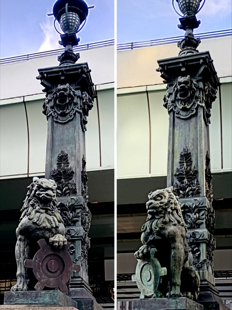 Fridge_0_Empty's tweet photo. 「獅子像」
#日本橋 の四隅に立つ､東京都の紋章を守護する獅子の像🐾✨
神社の狛犬と同様に #阿吽 が表現されてますが､見た感じ左右逆配置🤔
これは道路を歩く人目線では無く､川を行き来する船からの目線で製作されたためだとか🧐
尚､日本橋(青銅製構成要素含む)は日本国 #重要文化財 https://t.co/XgawOEW7QU