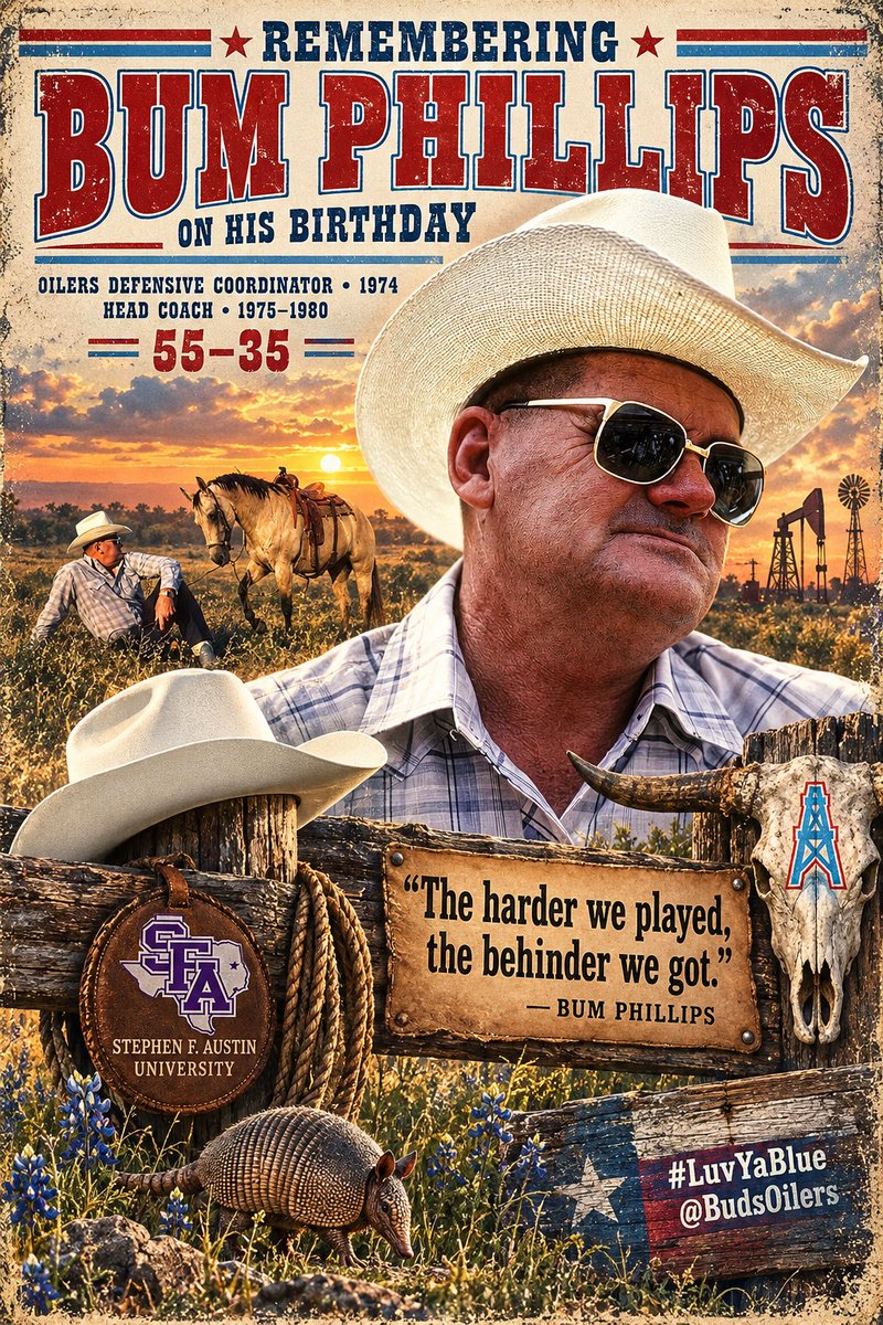BudsOilers's tweet photo. In memoriam: Remembering former Oilers DC and HC O.A. "Bum" Phillips, BOTD in 1923 in Orange, TX 🙏🤠 https://t.co/3pnzVy99uy