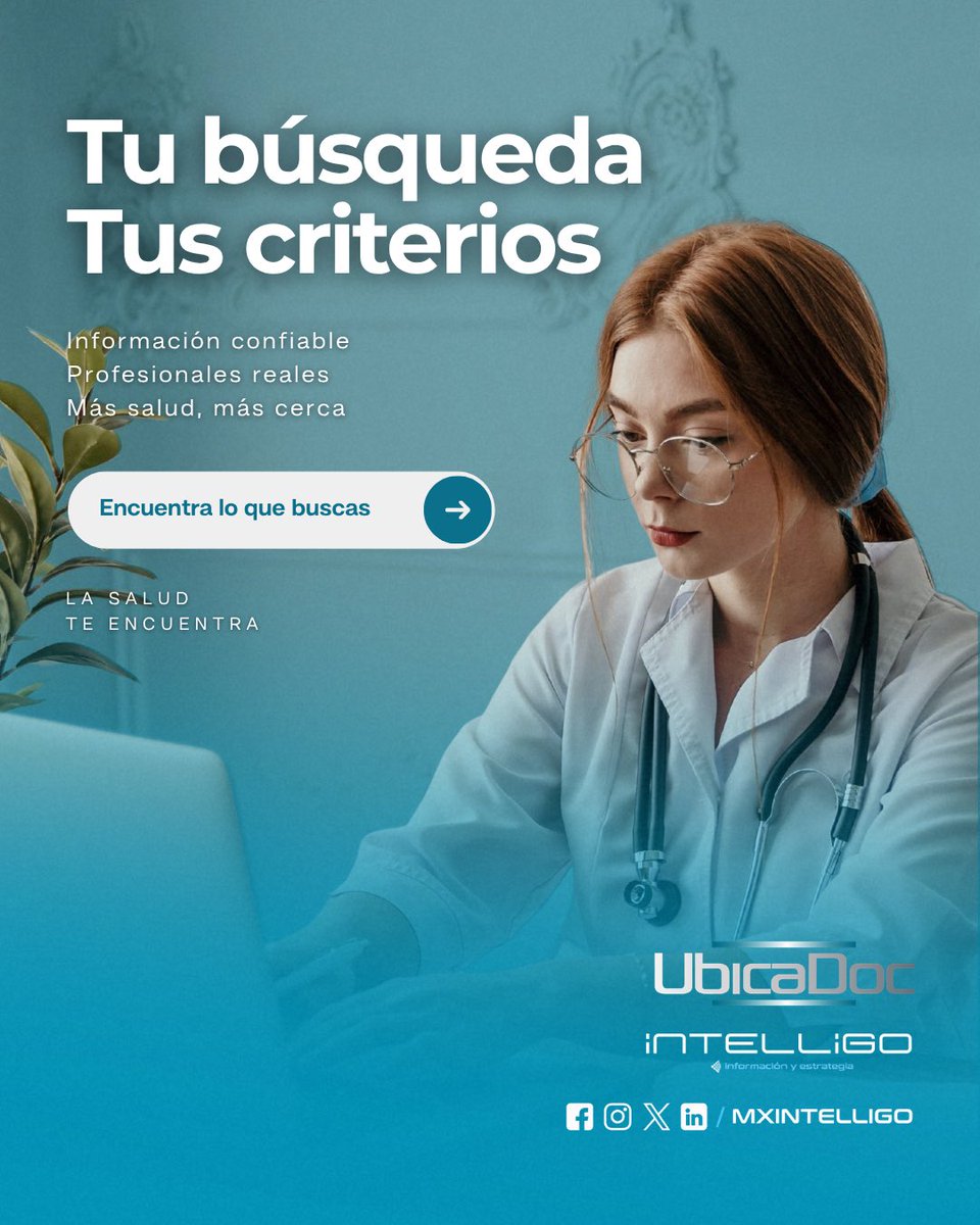 mxintelligo's tweet photo. Encontrar al profesional de la salud que necesitas puede ser más sencillo. 🔎🩺
Con UbicaDoc, consulta información de especialistas y filtra tu búsqueda según lo que necesitas, todo en un mismo lugar.
Tu búsqueda. Tus criterios. UbicaDoc. 💙
#UbicaDoc #Salud #Especialistas https://t.co/SznjQqKiCv