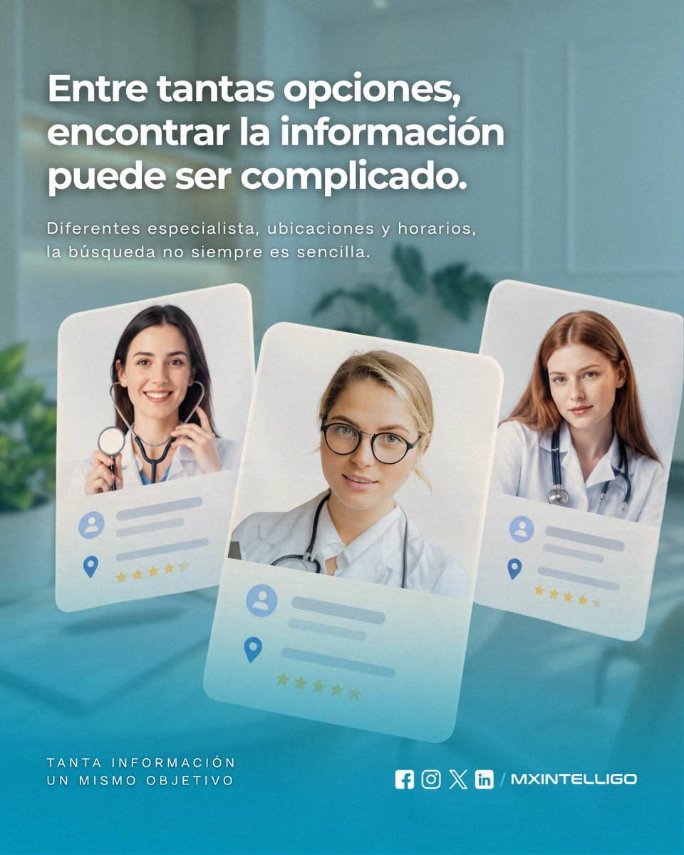 mxintelligo's tweet photo. Encontrar al profesional de la salud que necesitas puede ser más sencillo. 🔎🩺
Con UbicaDoc, consulta información de especialistas y filtra tu búsqueda según lo que necesitas, todo en un mismo lugar.
Tu búsqueda. Tus criterios. UbicaDoc. 💙
#UbicaDoc #Salud #Especialistas https://t.co/SznjQqKiCv