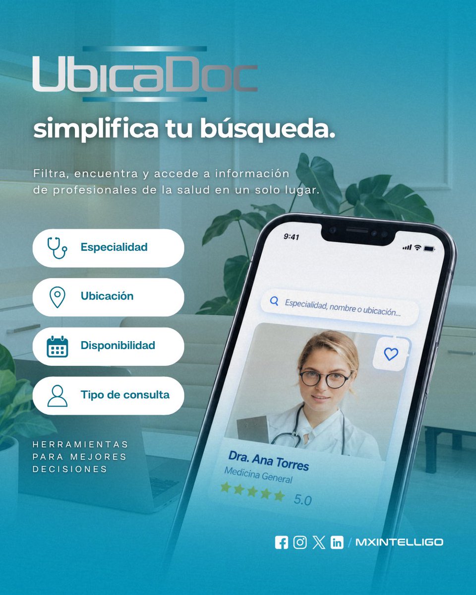 mxintelligo's tweet photo. Encontrar al profesional de la salud que necesitas puede ser más sencillo. 🔎🩺
Con UbicaDoc, consulta información de especialistas y filtra tu búsqueda según lo que necesitas, todo en un mismo lugar.
Tu búsqueda. Tus criterios. UbicaDoc. 💙
#UbicaDoc #Salud #Especialistas https://t.co/SznjQqKiCv