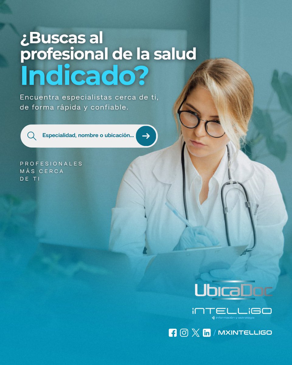 mxintelligo's tweet photo. Encontrar al profesional de la salud que necesitas puede ser más sencillo. 🔎🩺
Con UbicaDoc, consulta información de especialistas y filtra tu búsqueda según lo que necesitas, todo en un mismo lugar.
Tu búsqueda. Tus criterios. UbicaDoc. 💙
#UbicaDoc #Salud #Especialistas https://t.co/SznjQqKiCv