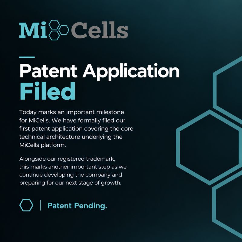 mi_cells's tweet photo. Today marks an important milestone for #MiCells.
We have formally filed our first patent application covering the core technical architecture underlying our platform.
The team has been working quietly on this for some time, and we’re excited to take the next step in building and protecting the technology behind MiCells.
Alongside our registered trademark, this marks another important step as we continue developing the company and preparing for our next stage of growth.
Building a proprietary foundation takes relentless focus, and I couldn't be prouder of the momentum we are building. 
Follow our journey here:
https://t.co/YLzrt6lMYa
A huge thank you to everyone supporting, challenging & advising us behind the scenes.