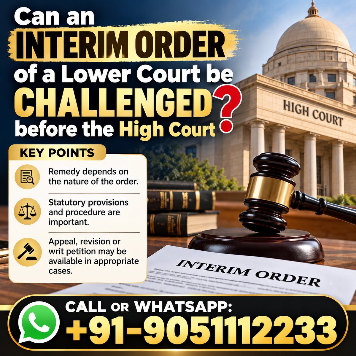 drakmphd's tweet photo. Can an interim order of a lower court be challenged before the High Court? 
Call or WhatsApp: +91-9051112233  
#HighCourt #CivilLitigation #InterimOrder https://t.co/MaDQghKshA