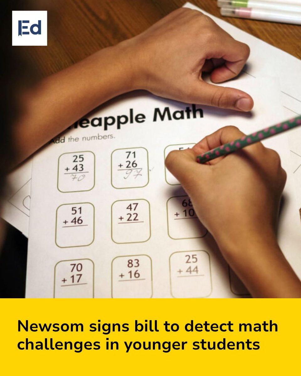EdSource's tweet photo. Newsom signs bill to detect math challenges in younger students 

LEARN MORE: https://t.co/o8mZpXnEEe https://t.co/sV76QFOCcQ