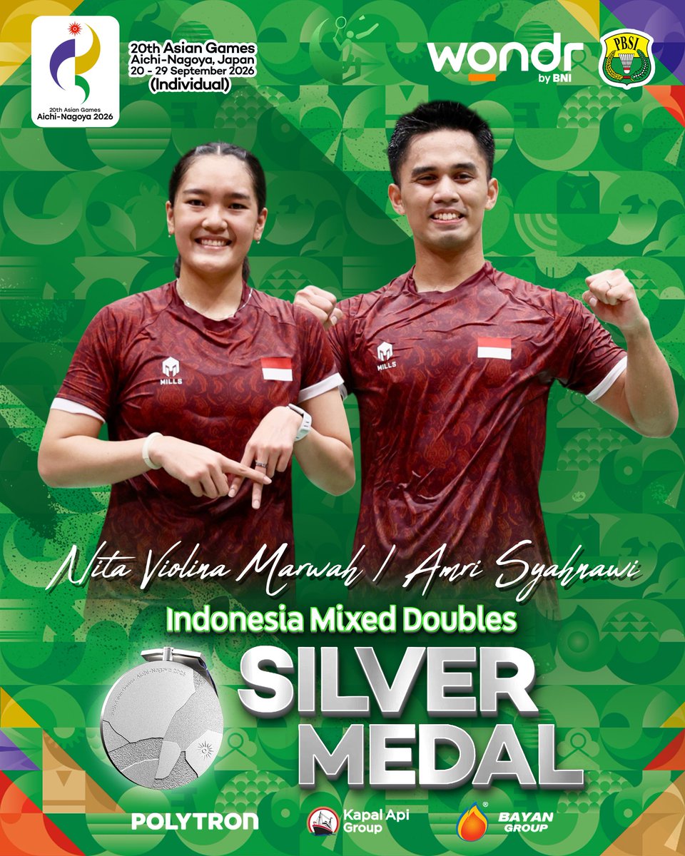 INABadminton's tweet photo. Medali perak Amri/Nita membuktikan bahwa semua keraguan bisa dijawab dengan prestasi maksimal.

Sekali lagi selamat dan terima kasih untuk pencapaian ini. More to come and proud of you AmNit! 👊🏻🏸🇮🇩

#BadmintonIndonesia #AsianGames2026 https://t.co/i0VQjvUfIt