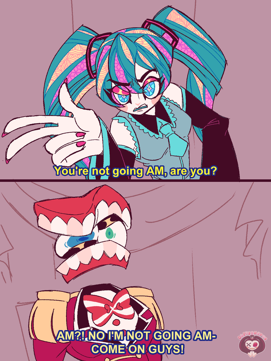 Dappy_Doll's tweet photo. I find it funny whenever people people call Caine mcfucking losing it as him "Going AM", because all that comes to mind is the term "Going Turbo" from Wreck-It-Ralph.

Also idk why I used Miku for this it seemed funni in my head.

#TheAmazingDigitalCircus #TADC #Caine #Miku https://t.co/wBT2xt6vfd