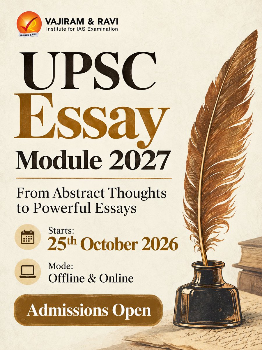 VajiramRavi's tweet photo. UPSC Essay Module 2027 | Vajiram and Ravi
👉 To Know More: https://t.co/180nbV9S1y
📞 080-6220-6330
#UPSC2027 #UPSCMains #EssayWriting #UPSCEssay #EssayModule #UPSCPreparation #UPSCMains2027 #VajiramAndRavi #CivilServicesExamination #UPSCaspirants https://t.co/OyIbXei7Xq