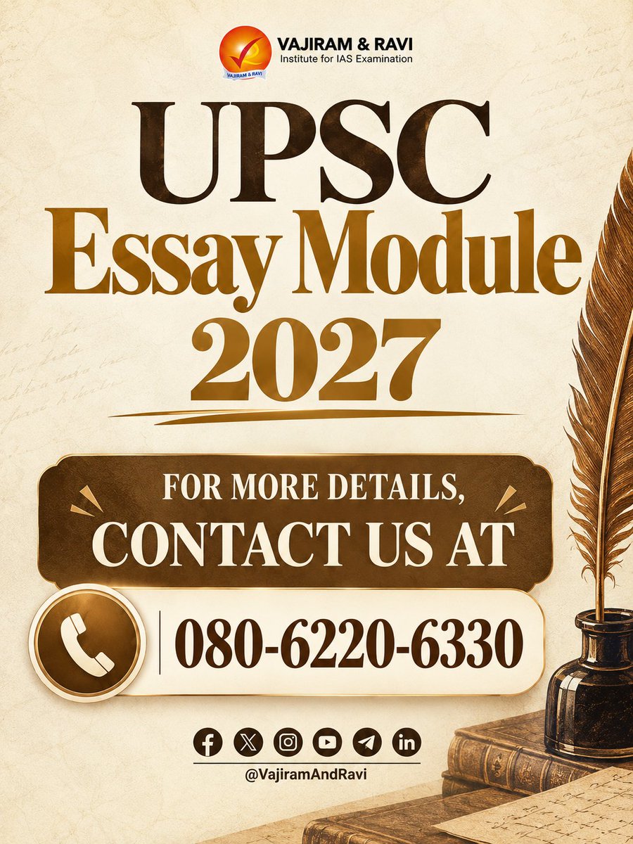 VajiramRavi's tweet photo. UPSC Essay Module 2027 | Vajiram and Ravi
👉 To Know More: https://t.co/180nbV9S1y
📞 080-6220-6330
#UPSC2027 #UPSCMains #EssayWriting #UPSCEssay #EssayModule #UPSCPreparation #UPSCMains2027 #VajiramAndRavi #CivilServicesExamination #UPSCaspirants https://t.co/OyIbXei7Xq
