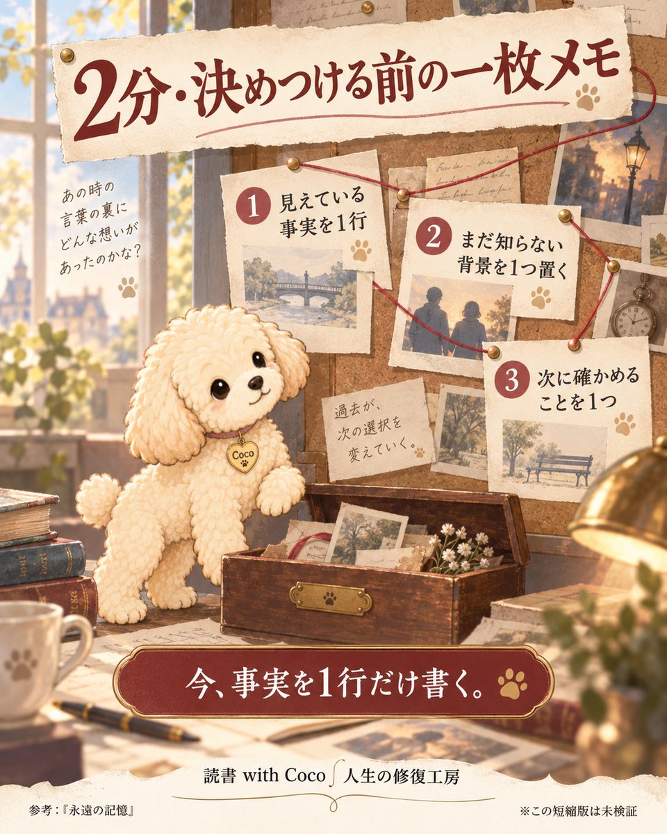 read_with_coco's tweet photo. 相手の一言に引っかかって、「どうしてそんなことするの」と決めつけそうなときに2分だけ🐾

見えている事実を1行 → まだ知らない背景を1つ → 次に確かめることを1つ。

『永遠の記憶』の“見えていない履歴があるかもしれない”視点から作った読書 with Cocoオリジナルワークです。
※この短縮版自体は未検証。

今、事実を1行だけ書いてみる。
読書with Coco🐾